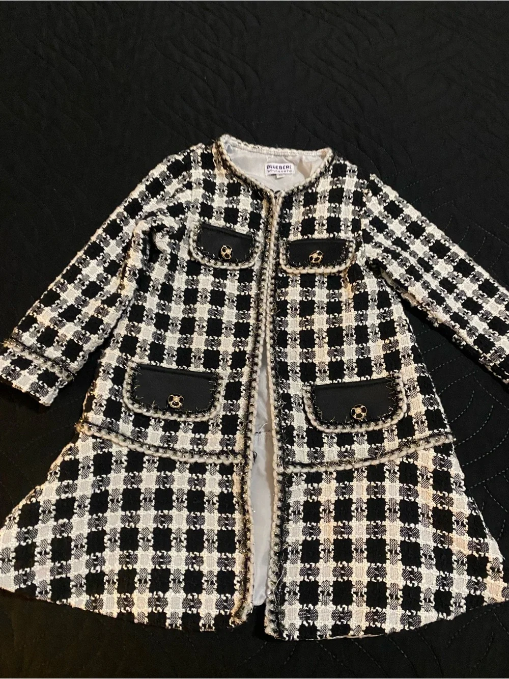 Blueberi Boulevard Girls 3T Black White Silver Trim Tweed Check Print Open Coat